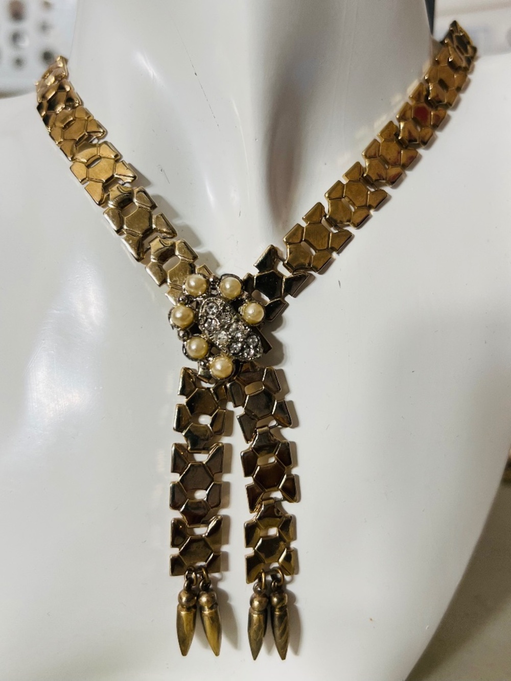 1940's Rhinestone Faux Pearl Slide Lariat Link Vintage Necklace Bullet Tassel